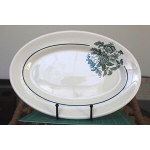 Walker China Oval Serving Platter Vintage Green Floral Restaurant Ware D-50 10in